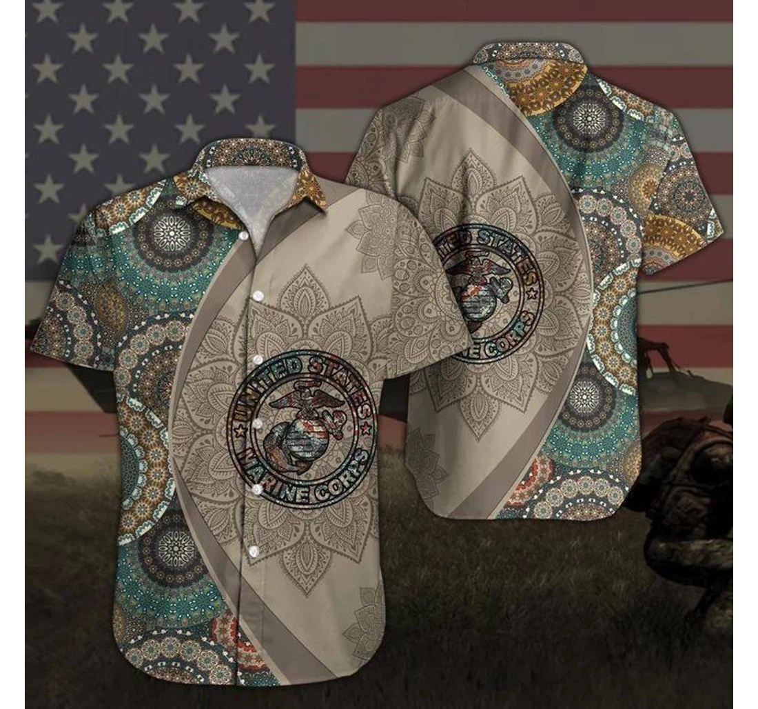Personalized Us Marine Corps Mandala Brown Hawaiian Shirt, Button Up Aloha Shirt For Men, Women