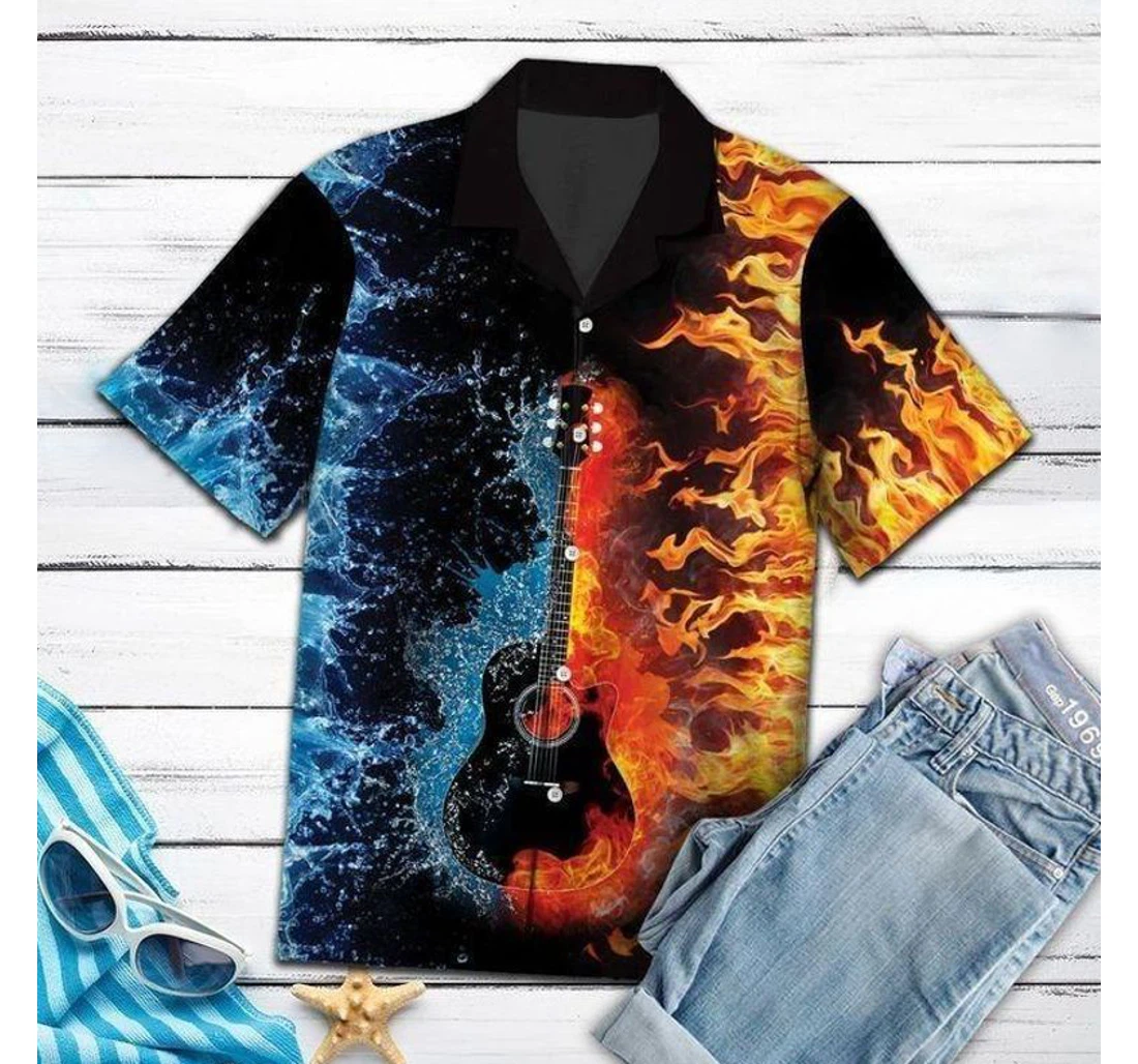 Personalized Guitar Fire Water Hawaiian Shirt, Button Up Aloha Shirt For Men, Women
