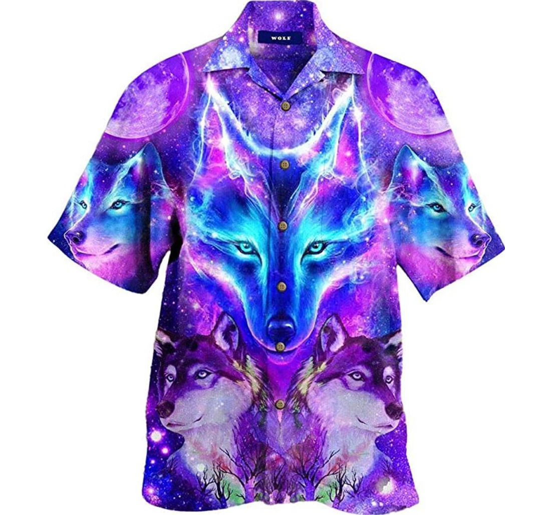 Personalized Wolf Galaxy Hawaiian Shirt, Button Up Aloha Shirt For Men, Women