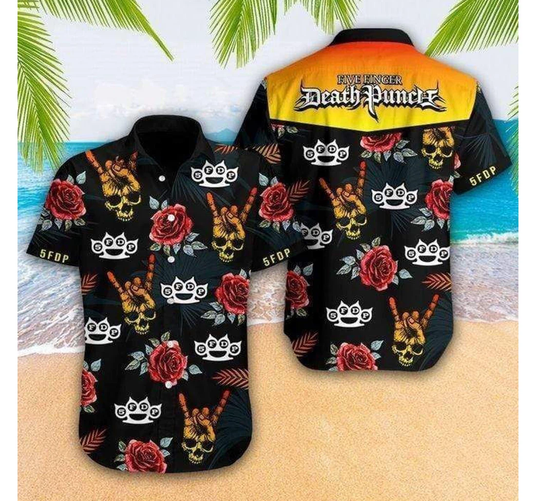 Personalized Shop Shirts Skull Rose Five Finger Death Punch Hawaiian Shirt, Button Up Aloha Shirt For Men, Women