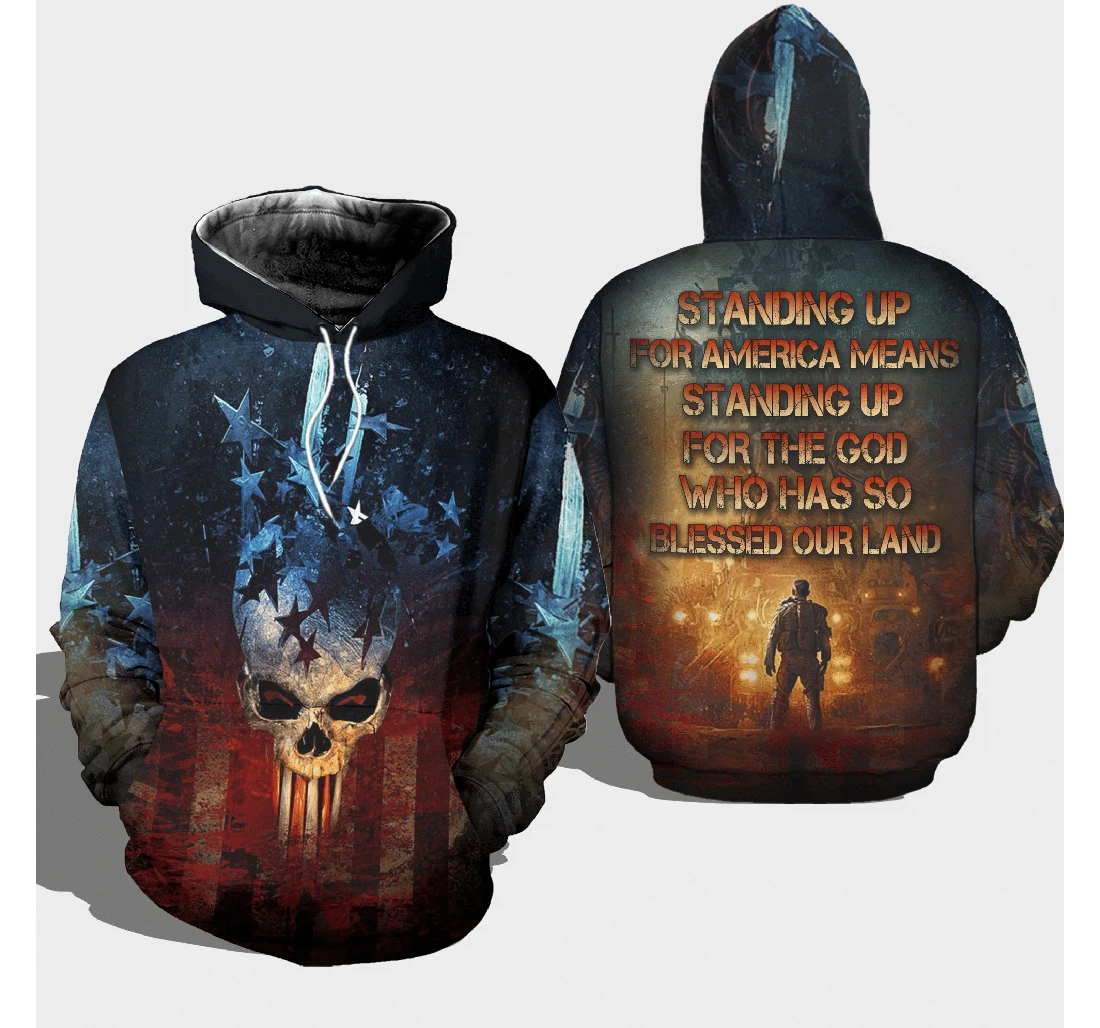 Veteran Standing Up America Mean God Skull - 3D Printed Pullover Hoodie