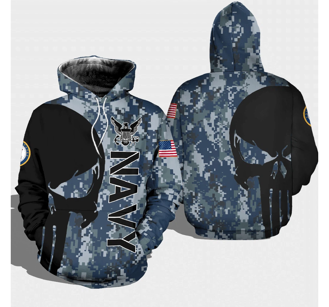 Veteran American Military Usn Navy Skull On The Left - 3D Printed Pullover Hoodie