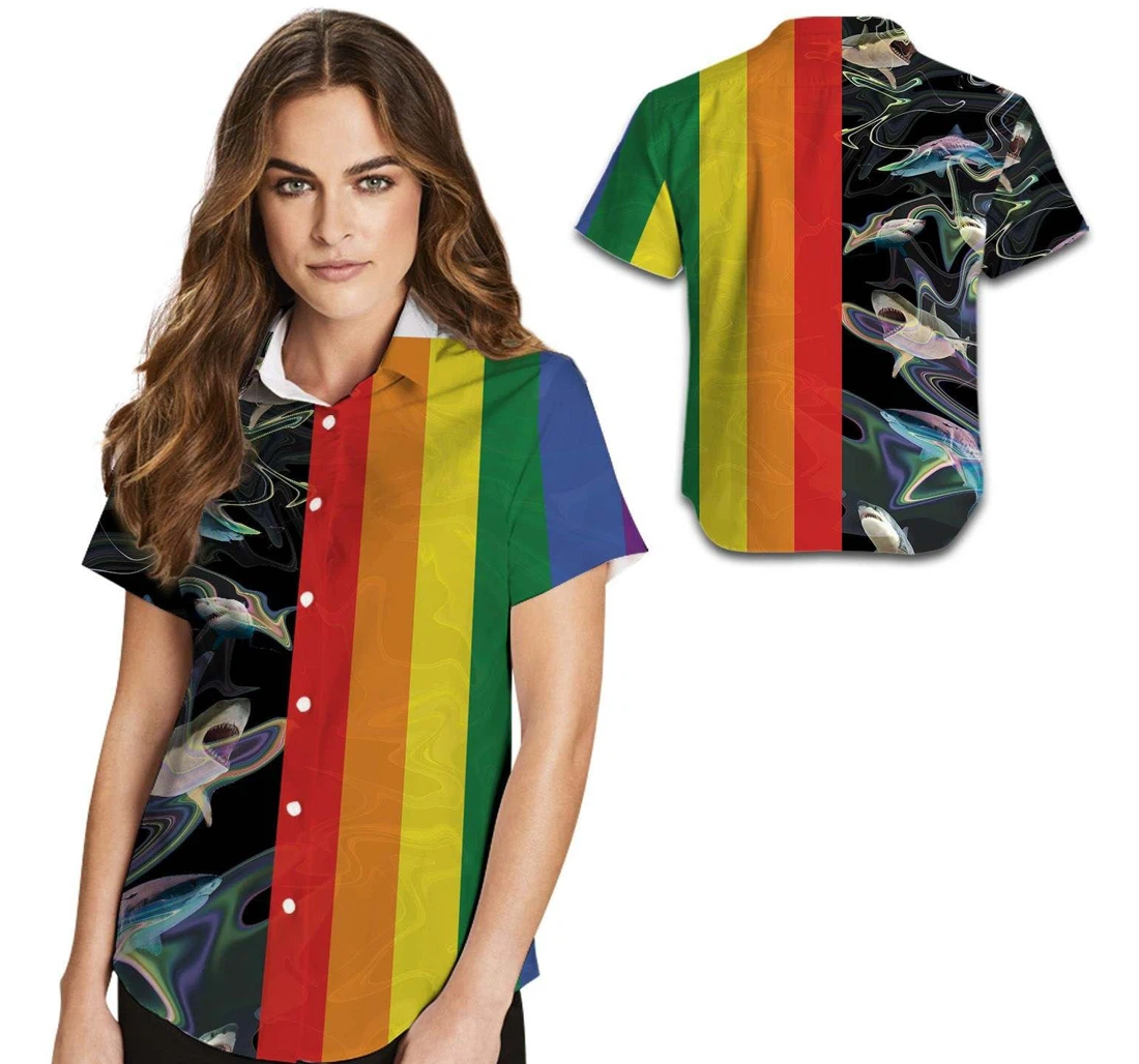 Personalized Lgbt Rainbow Sharks Lgbtq Community In Daily Life Hawaiian Shirt, Button Up Aloha Shirt For Men, Women