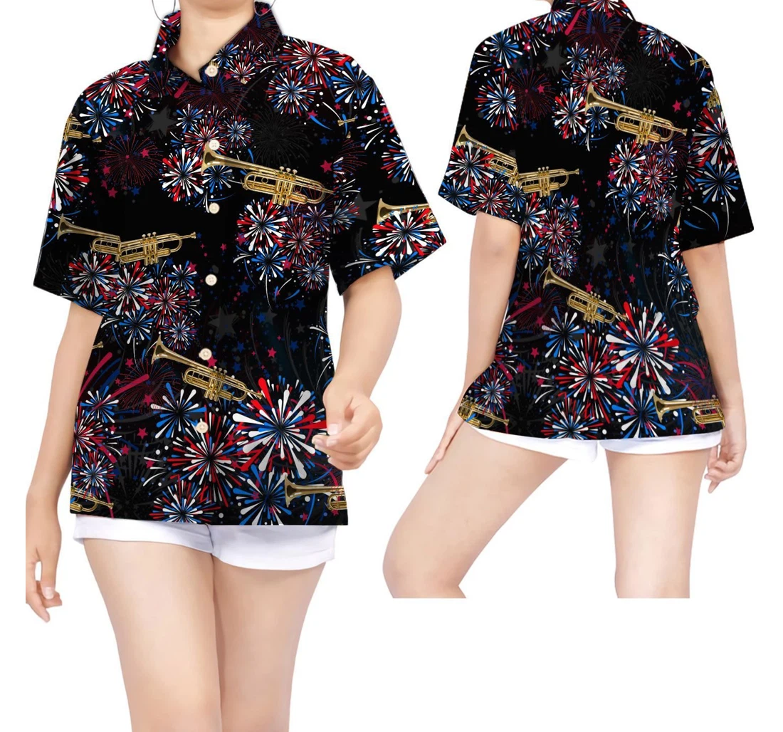 Personalized Trumpet American Independence Day 4th Of July Fireworks Hawaiian Shirt, Button Up Aloha Shirt For Men, Women