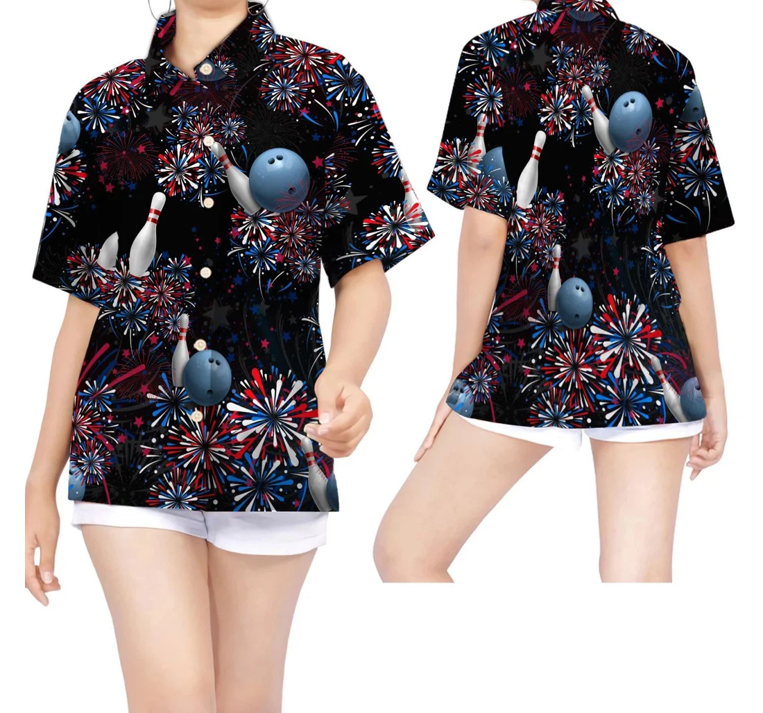 Personalized Bowling American Independence Day 4th Of July Fireworks Hawaiian Shirt, Button Up Aloha Shirt For Men, Women