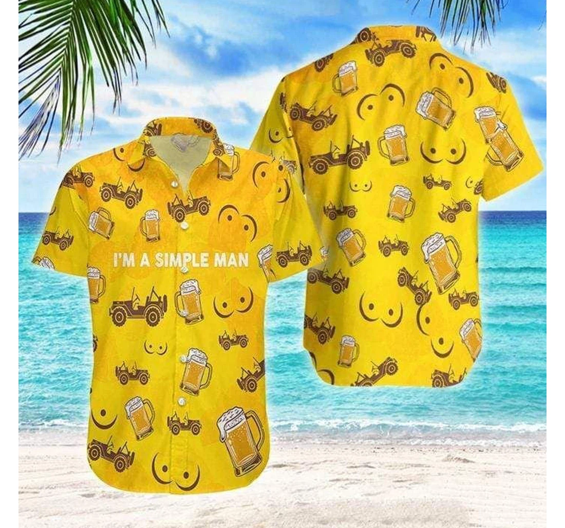 Personalized Find Funny Im A Simple Man Beer Jeep Yellow Hawaiian Shirt, Button Up Aloha Shirt For Men, Women