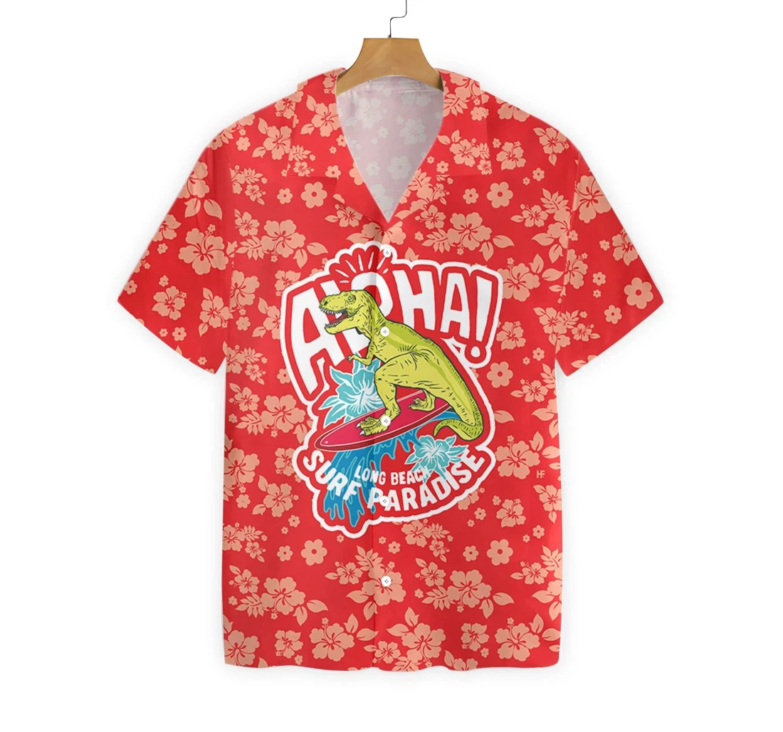 Personalized T-rex Dinosaur Beach Surfing T-rex Hawaiian Shirt, Button Up Aloha Shirt For Men, Women