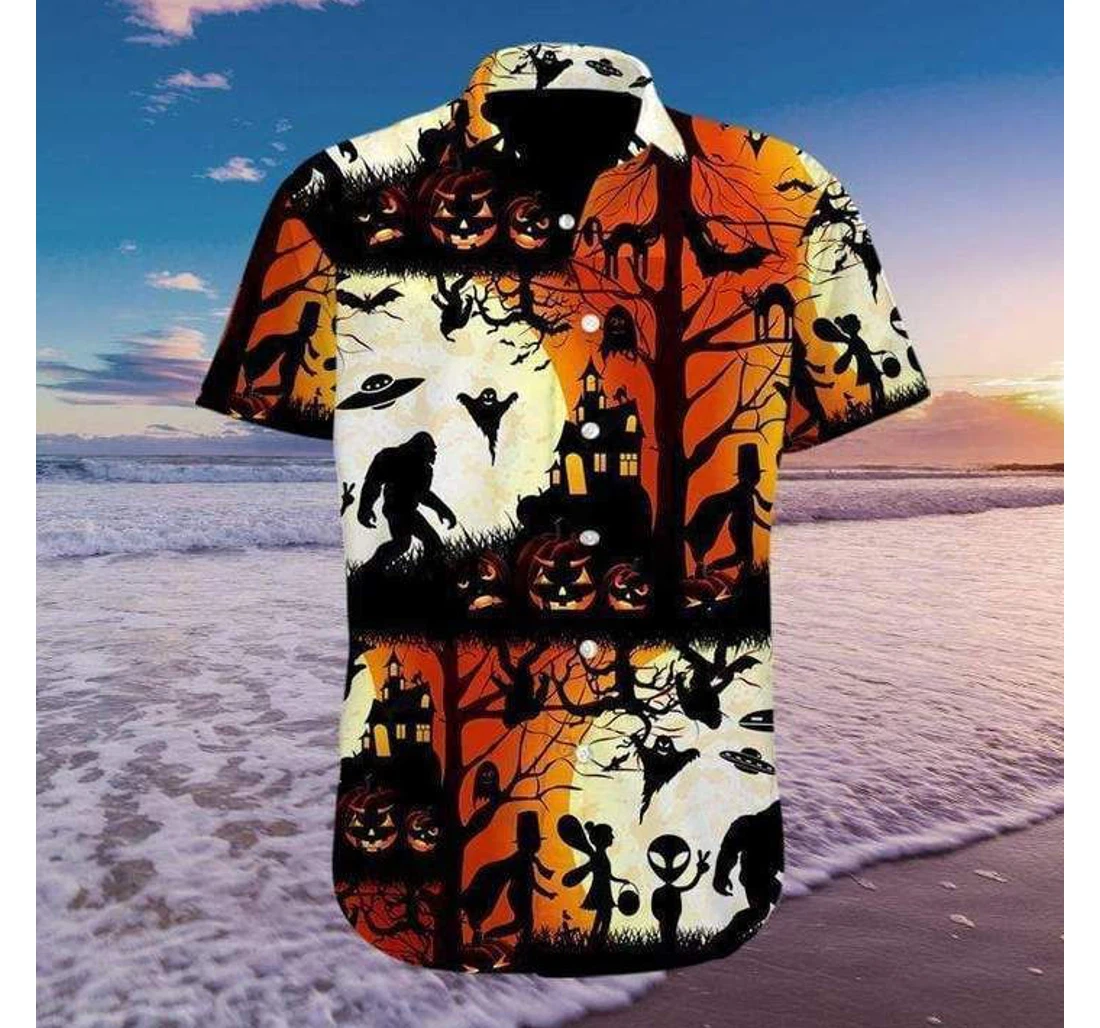 Personalized Bigfoot Halloween Bigfoot Alien Halloween Orange Hawaiian Shirt, Button Up Aloha Shirt For Men, Women
