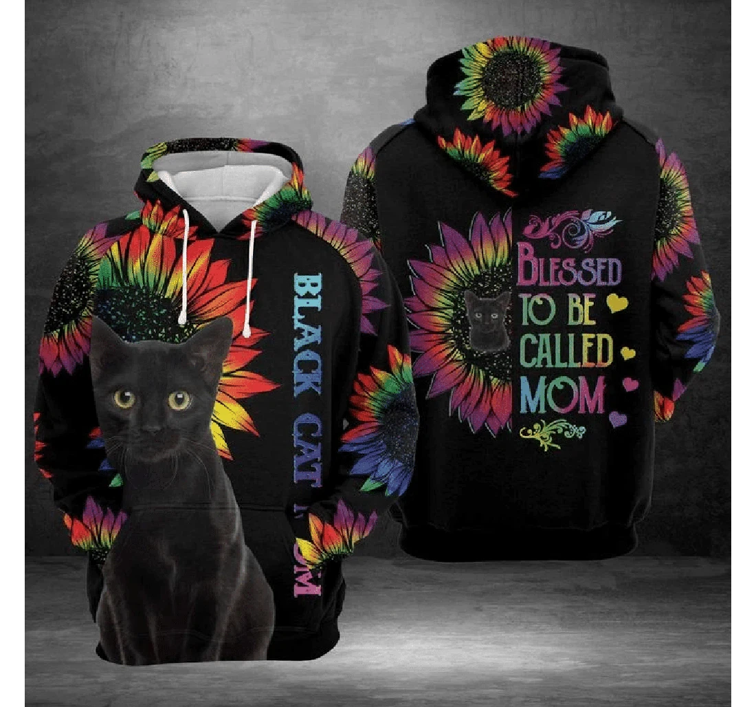 Gift Mother Cat Mom Blessed To Be Called Mom Rainbow Color Sunflower - 3D Printed Pullover Hoodie