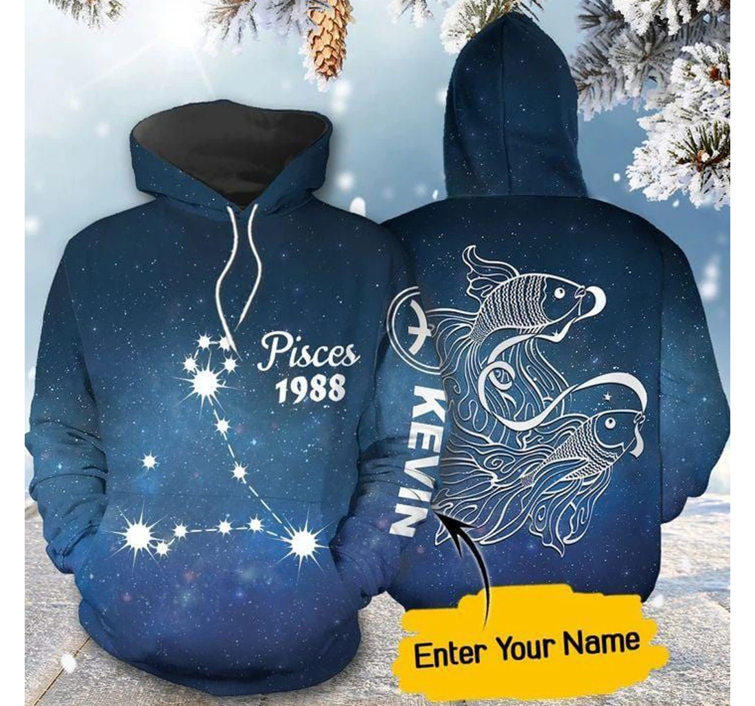 Personalized Pisces Zodiac Birthday Custom Name Year L - 3D Printed Pullover Hoodie