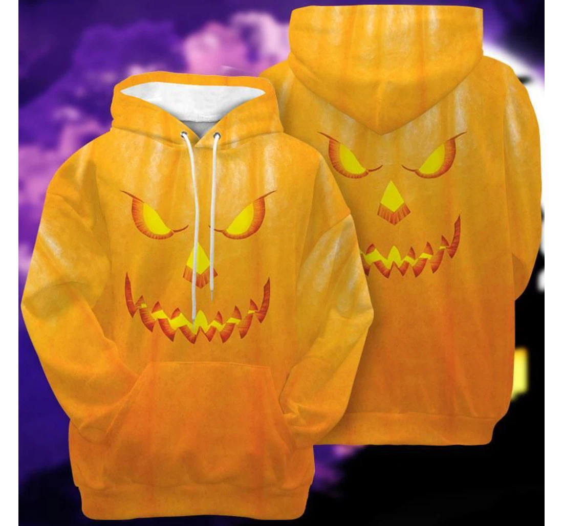 Orange Pumpkin Face Halloween Thanksgiving - 3D Printed Pullover Hoodie