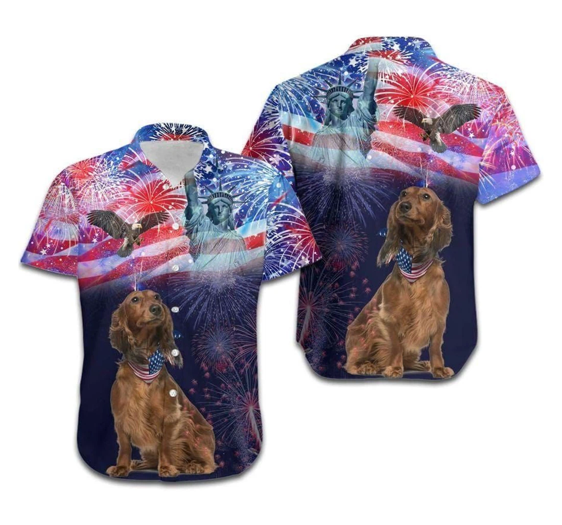 Personalized Dachshund Fireworks Independence Day Custom Photo Hawaiian Shirt, Button Up Aloha Shirt For Men, Women