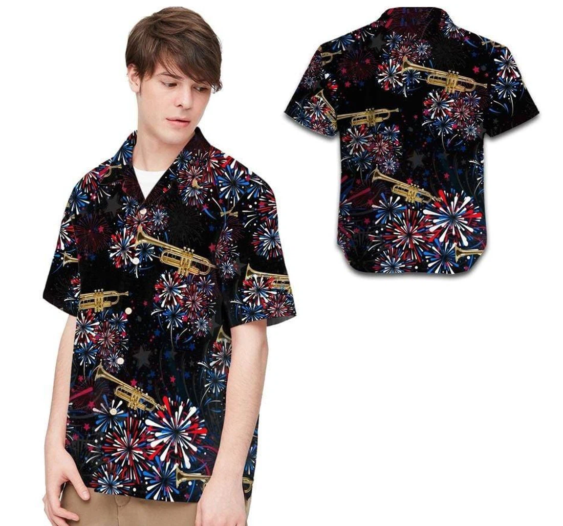 Personalized Trumpet Independence Day Fireworks Hawaiian Shirt, Button Up Aloha Shirt For Men, Women