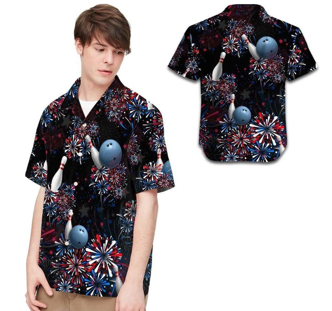 Personalized Bowling Independence Day Fireworks Hawaiian Shirt, Button Up Aloha Shirt For Men, Women