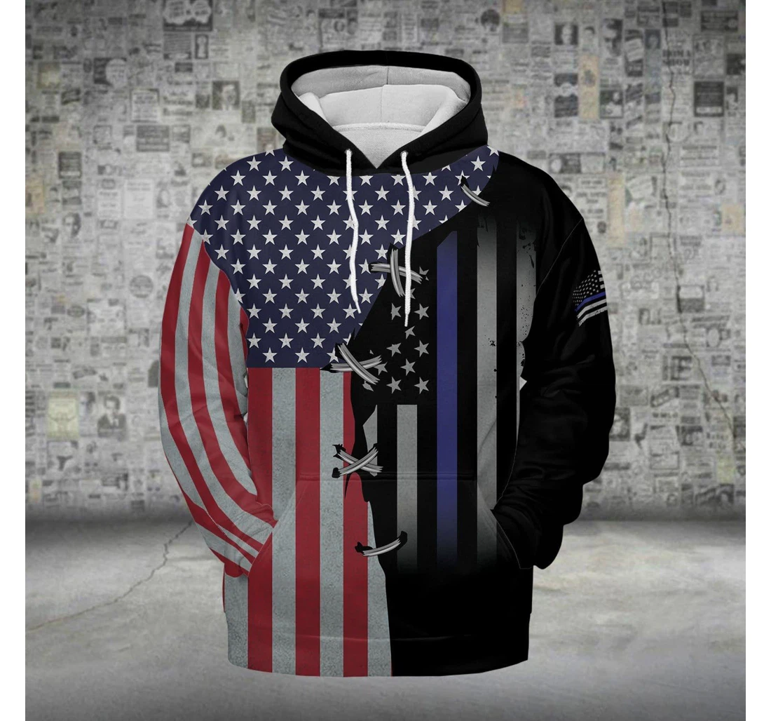 Thin Blue Line American Flag H - 3D Printed Pullover Hoodie