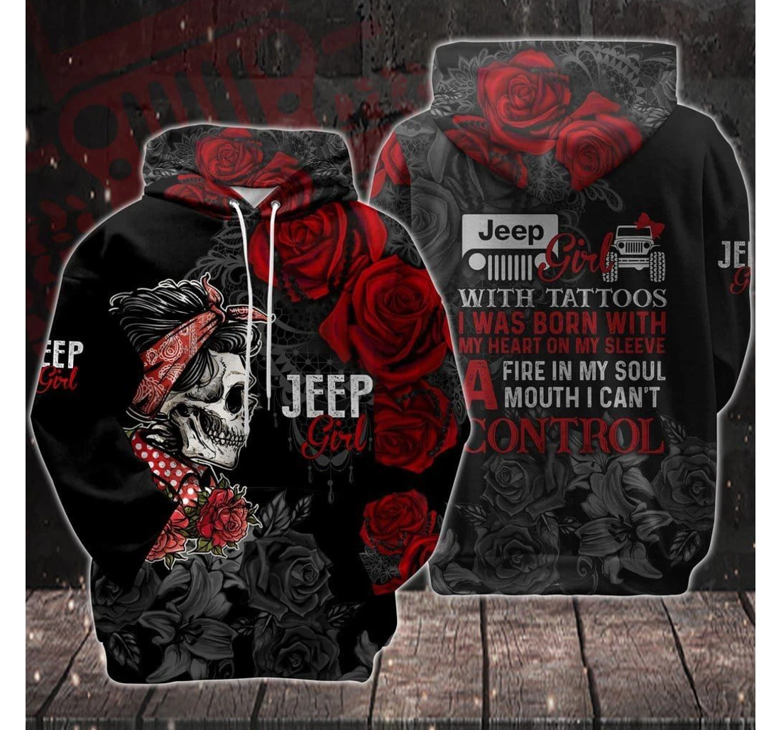 Skull Jeep Girl With Tattoo Rose - 3D Printed Pullover Hoodie