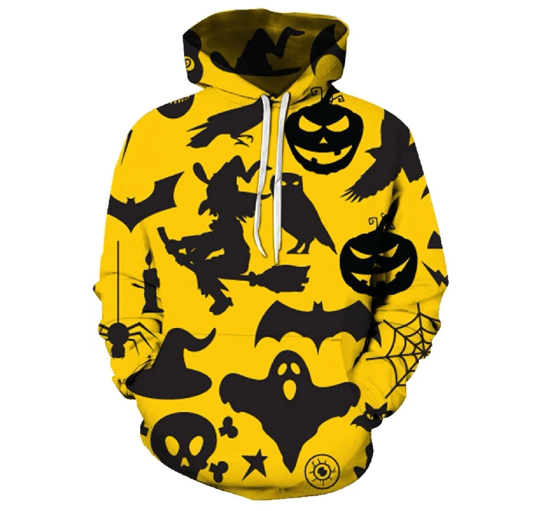 Halloween Yellow Pumpkin Witch Ghost Bat Owl Pattern - 3D Printed Pullover Hoodie