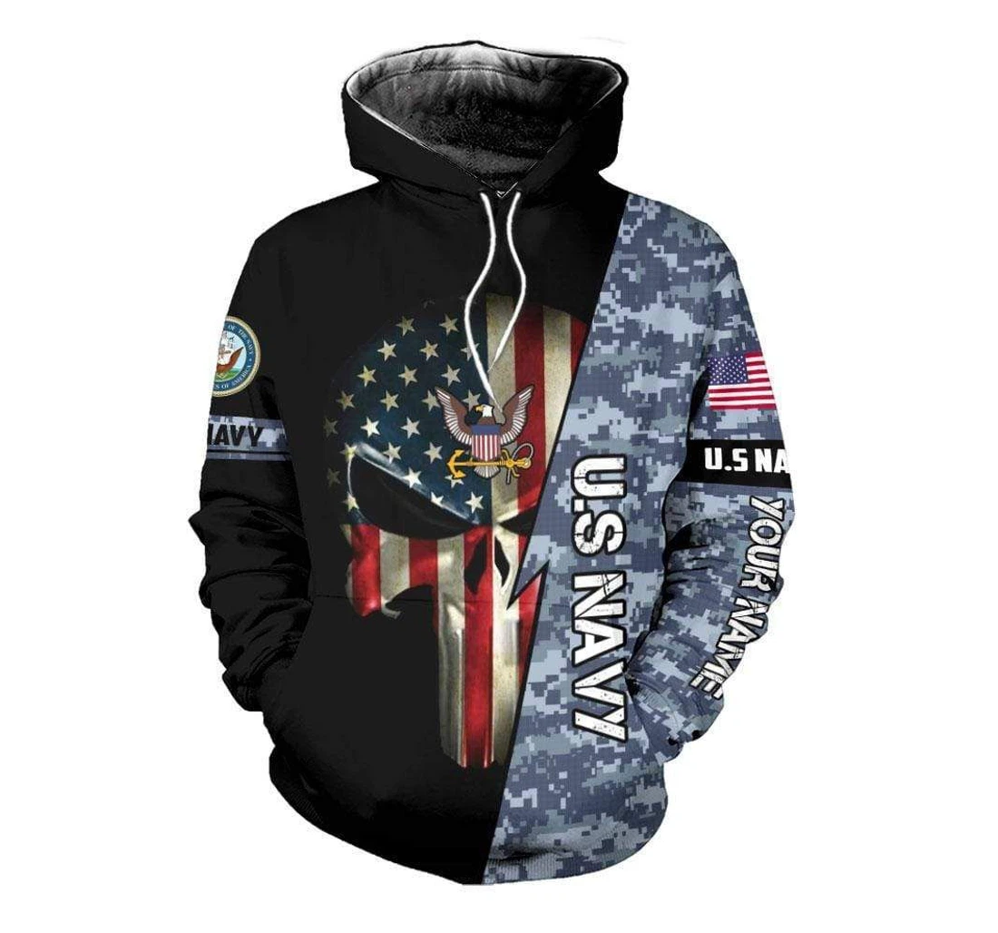 Father's Day Gift Us Navy Army American Flag Skull Blue Custom Name H - 3D Printed Pullover Hoodie