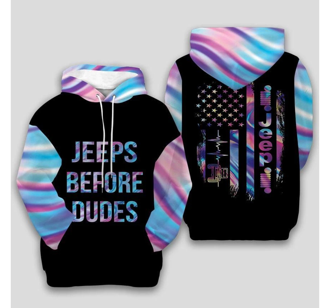 Holographic Us Flag Jeep Car Heartbeat Jeeps Before Dudes Dh - 3D Printed Pullover Hoodie