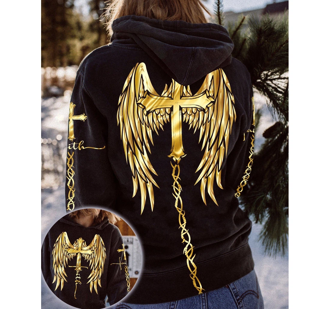 Golden Faith Cross Wings - 3D Printed Pullover Hoodie