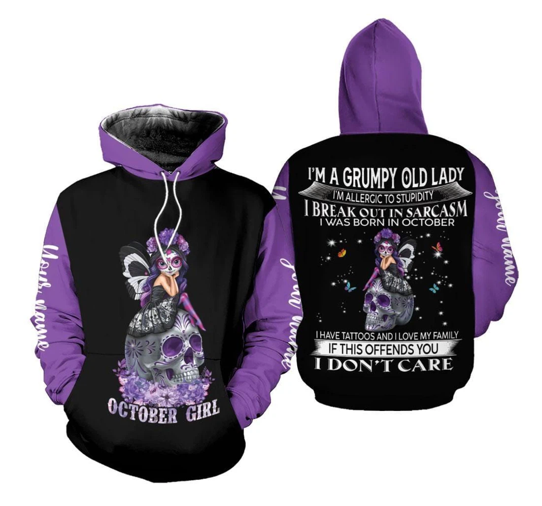 Personalized I Don't Care October Girl Skull Birthday H - 3D Printed Pullover Hoodie