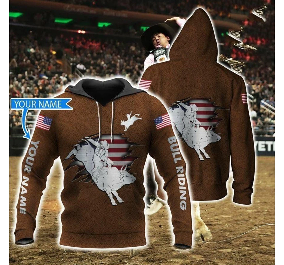 Bull Riding American Steel Flag Custom Name - 3D Printed Pullover Hoodie