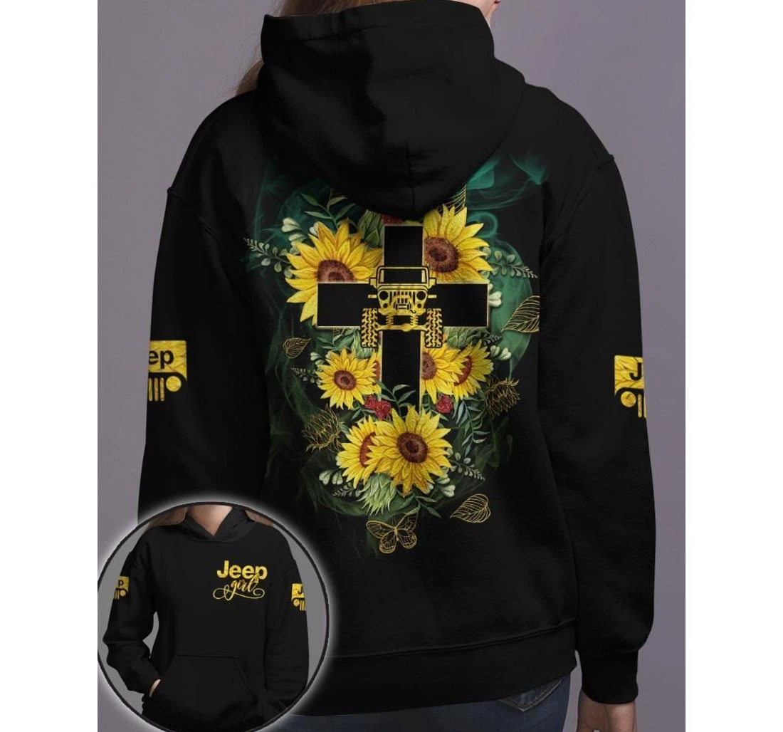 Jeep Girl Sunflower Cross - 3D Printed Pullover Hoodie