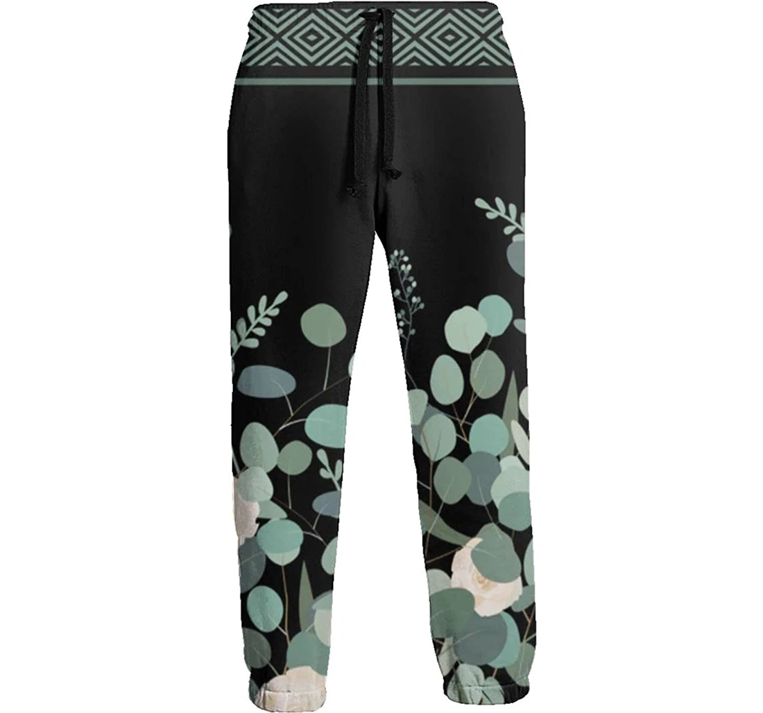 Personalized White Flowers Green Leaves Athletic Running Workout Pant Sweatpants, Joggers Pants With Drawstring For Men, Women