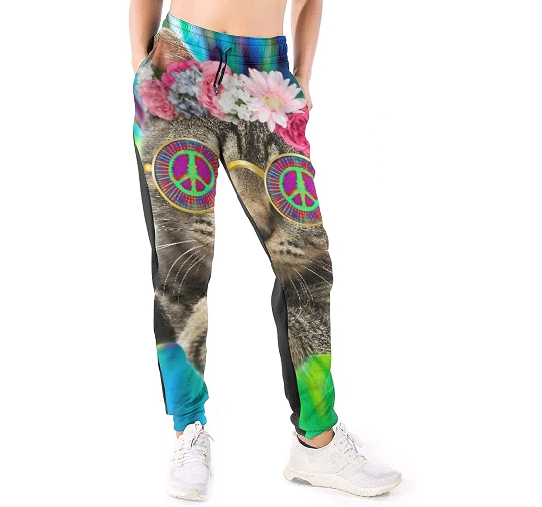 Personalized Casual Hippie Cat Kitty Tie Dye Peace Sign Sweatpants, Joggers Pants With Drawstring For Men, Women