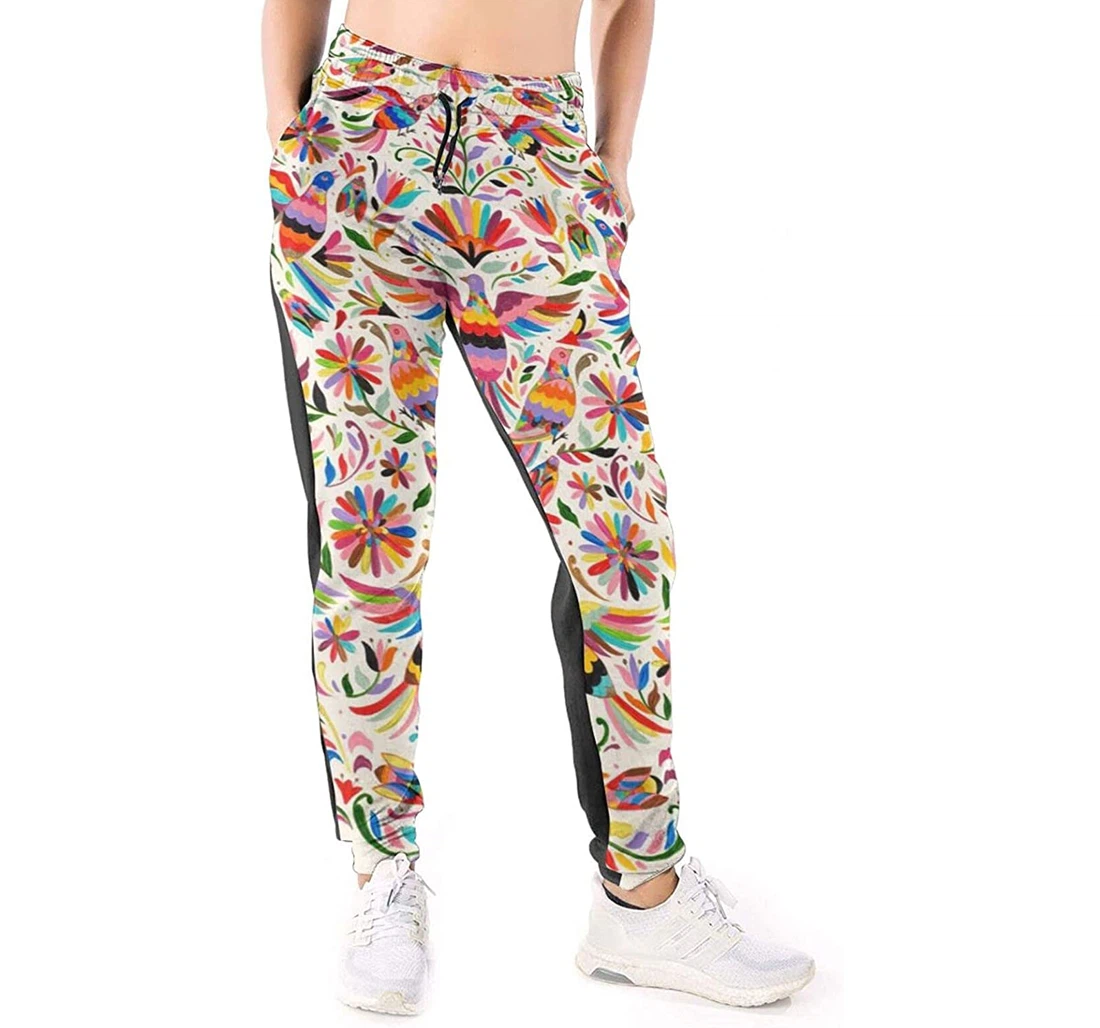 Personalized Graphic Mexican Ethnic Floral Colorful Birds Paisley Sweatpants, Joggers Pants With Drawstring For Men, Women