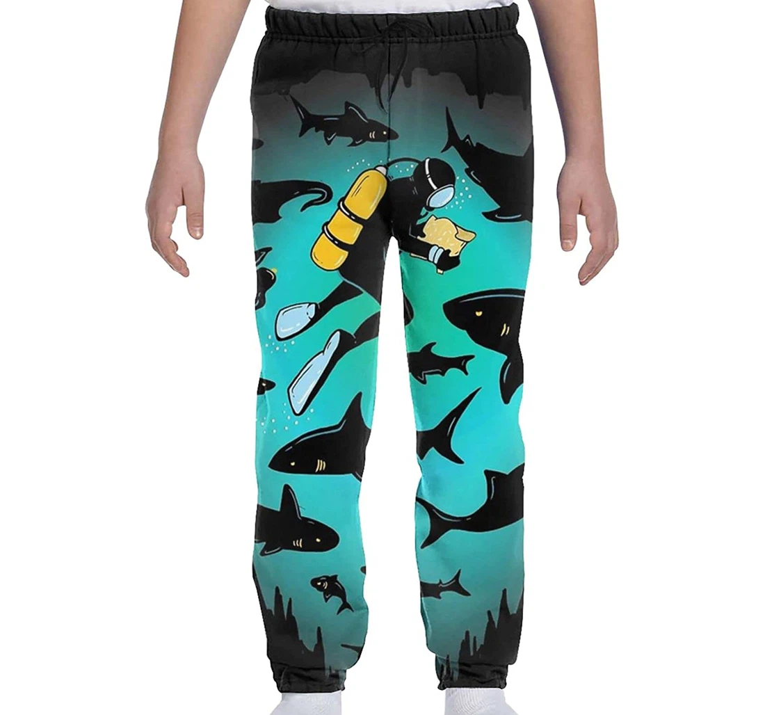 Personalized Graphic Funny Shark And Diver Illustration Sweatpants, Joggers Pants With Drawstring For Men, Women