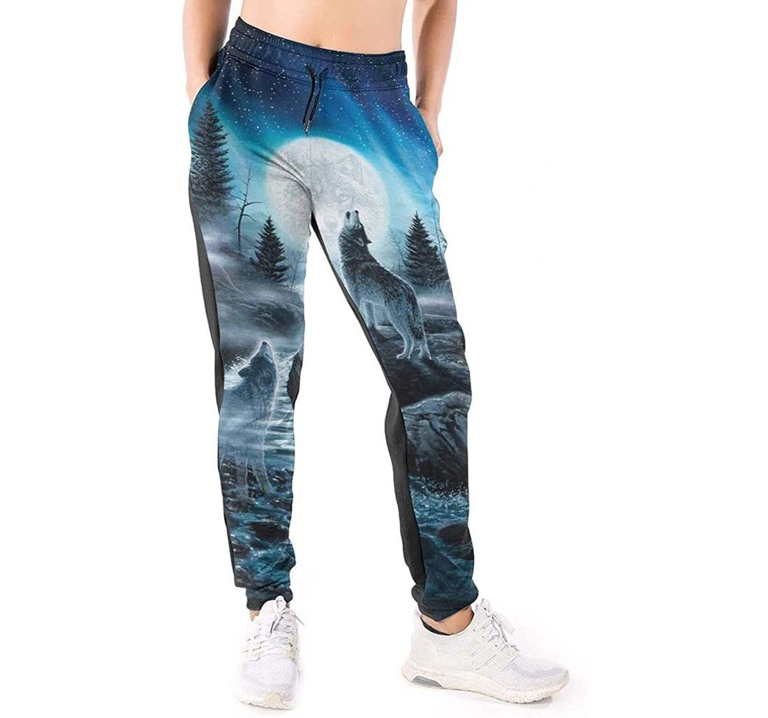 Personalized Graphic Howling Wolves At Moon Night Sweatpants, Joggers Pants With Drawstring For Men, Women