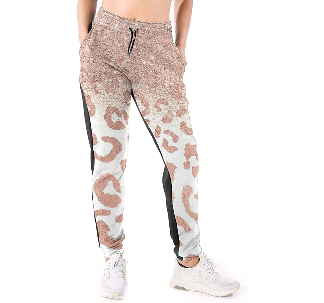 Personalized Graphic Glitter Rose Gold Leopard Sweatpants, Joggers Pants With Drawstring For Men, Women