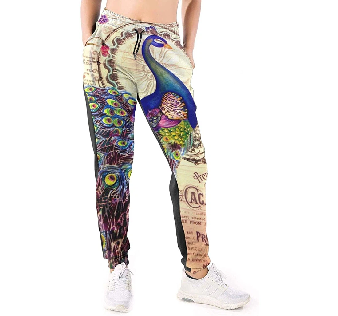 Personalized Casual Vintage Colorful French Peacock And Flowers Sweatpants, Joggers Pants With Drawstring For Men, Women