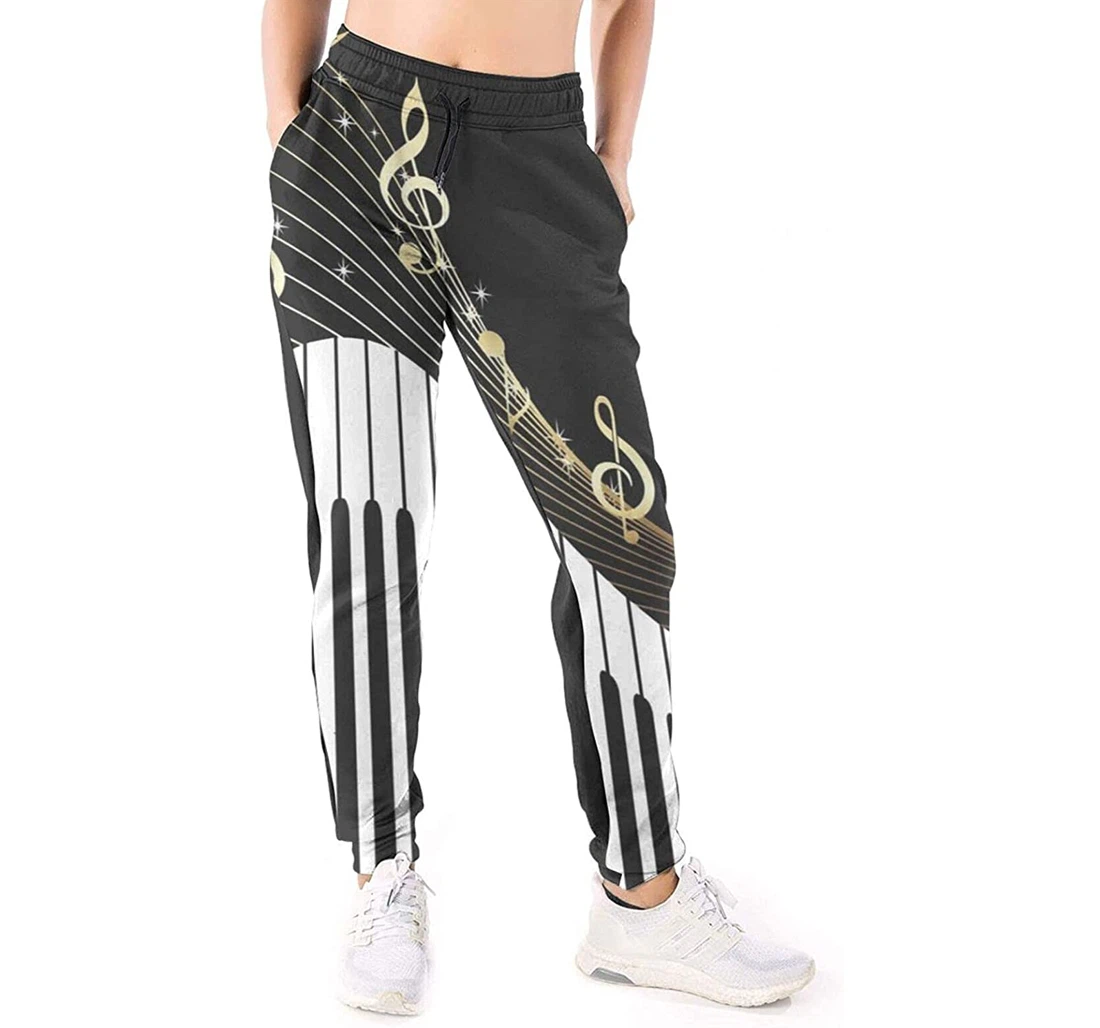 Personalized Golden Musical Notes Piano Sweatpants, Joggers Pants With Drawstring For Men, Women