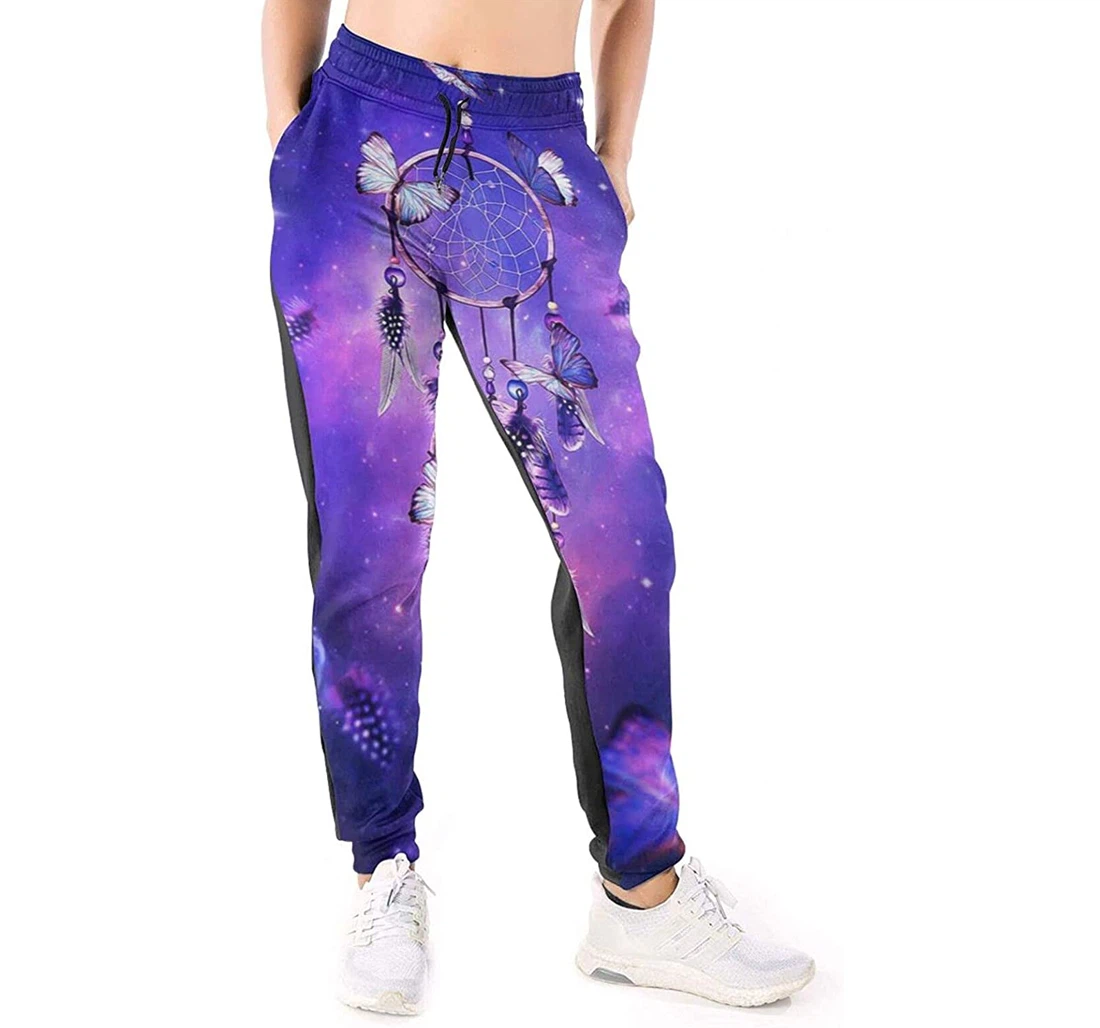 Personalized Graphic Purple Dream Catcher Butterflies Sweatpants, Joggers Pants With Drawstring For Men, Women