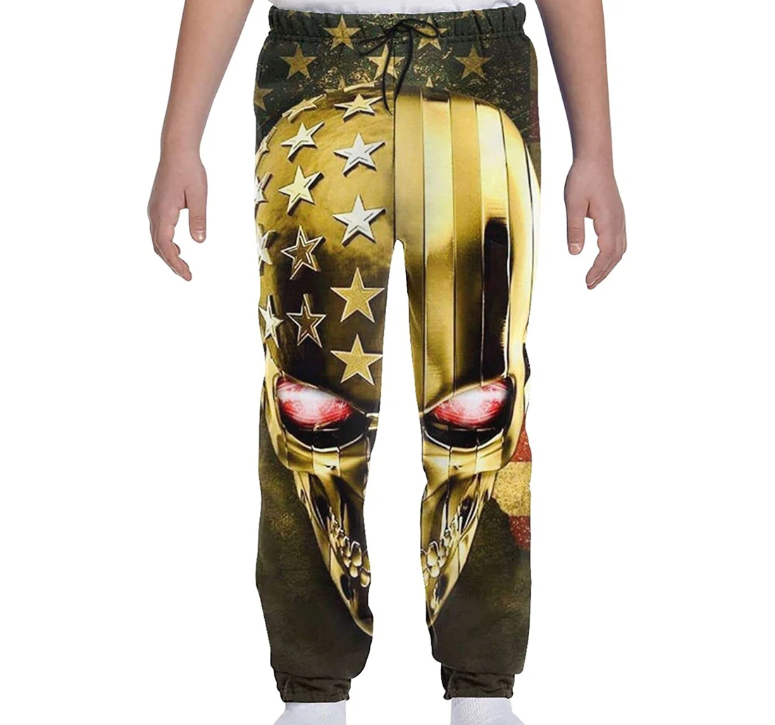 Personalized Gold Skull Head Usa Flag Sweatpants, Joggers Pants With Drawstring For Men, Women