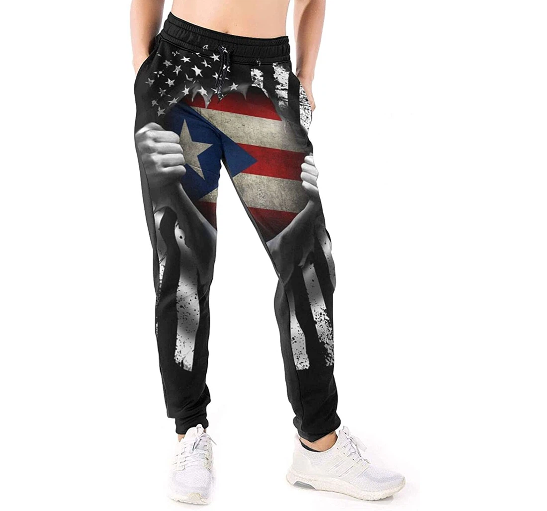 Personalized Graphic Puerto Rican American Flag Usa Puerto Rico Flags Sweatpants, Joggers Pants With Drawstring For Men, Women