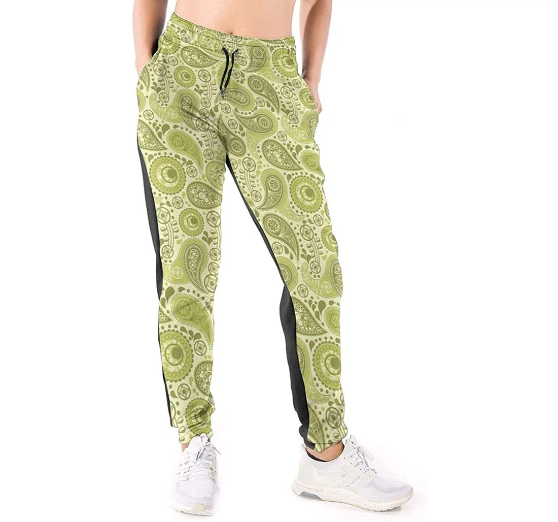Personalized Graphic Vintage Paisley Leaf Green Sweatpants, Joggers Pants With Drawstring For Men, Women
