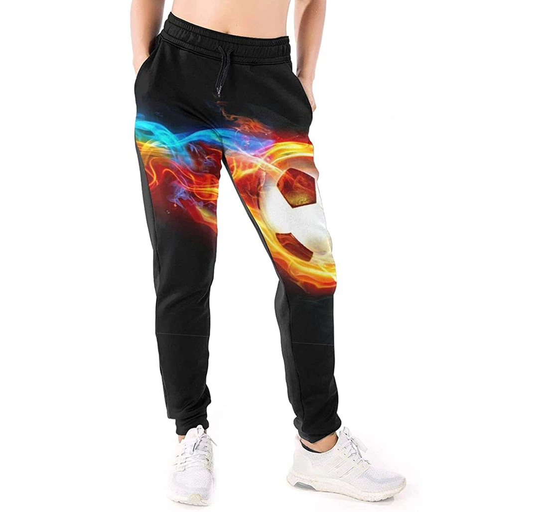Personalized Graphic Flame Soccer Ball Fire American Football Sweatpants, Joggers Pants With Drawstring For Men, Women
