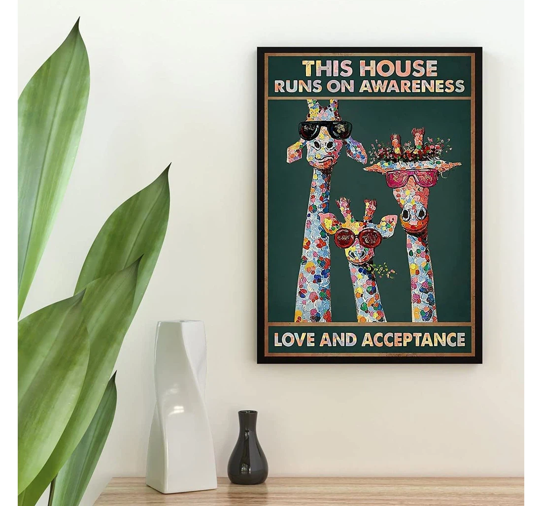 Poster, Canvas - Autism Awareness Love And Acceptance Autism Giraffe Mom, Dad, Birthday Print Framed Wall Art
