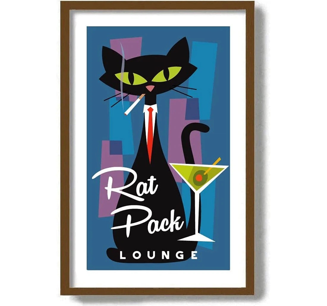 Poster, Canvas - Rat Pack Mid Century Cat Art, Cat Black Cat Print, Martini Art, Cocktail Bartender Gifts, Cat Lover Print Framed Wall Art