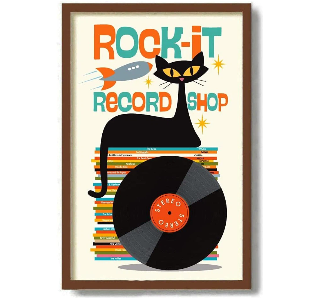 Poster, Canvas - Black Cat Print, Rock Music Mid Century Print, Atomic Cat, Vinyl Record Storage, Record Player, Cat Lover Vinyl Lp Print Framed Wall Art