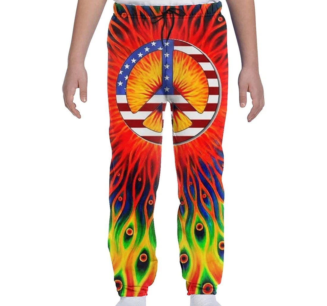 Personalized Trippy Hippie Sun Peace Sign Usa Flag Sweatpants, Joggers Pants With Drawstring For Men, Women