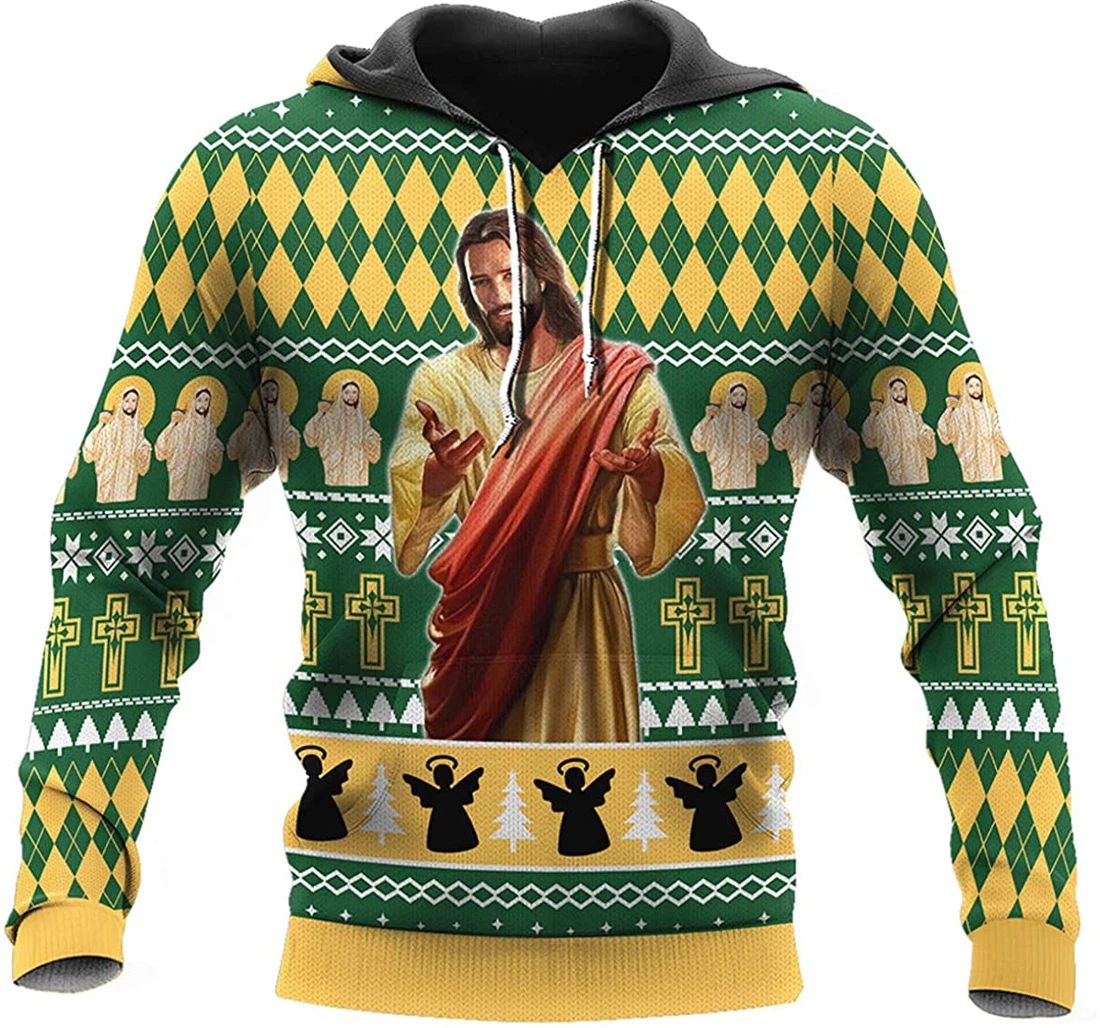 Christian Jesus Catholic Christmas Yellow Green Brocade Pattern - 3D Printed Pullover Hoodie