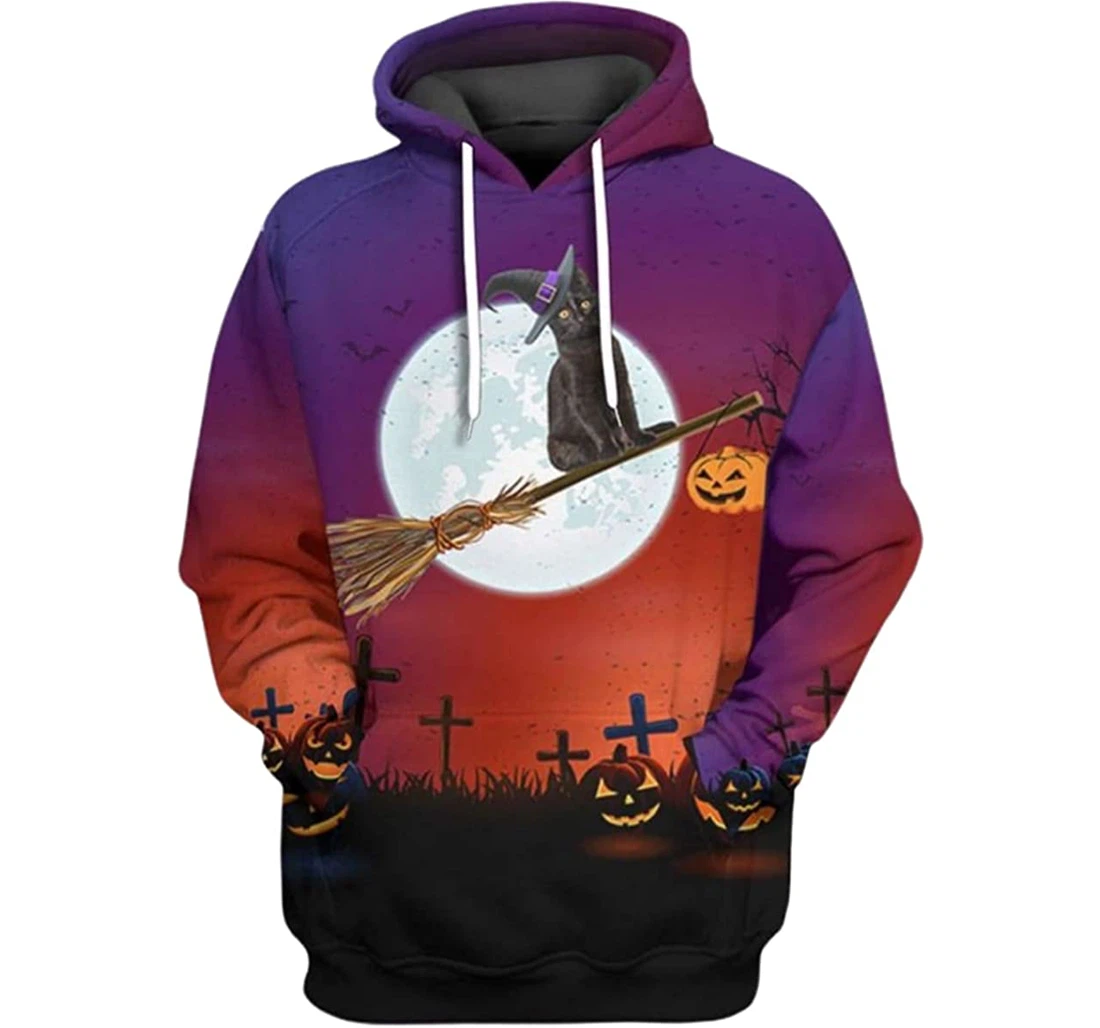 Halloween Cat Witch Flying With Broom Cemetery Art - 3D Printed Pullover Hoodie