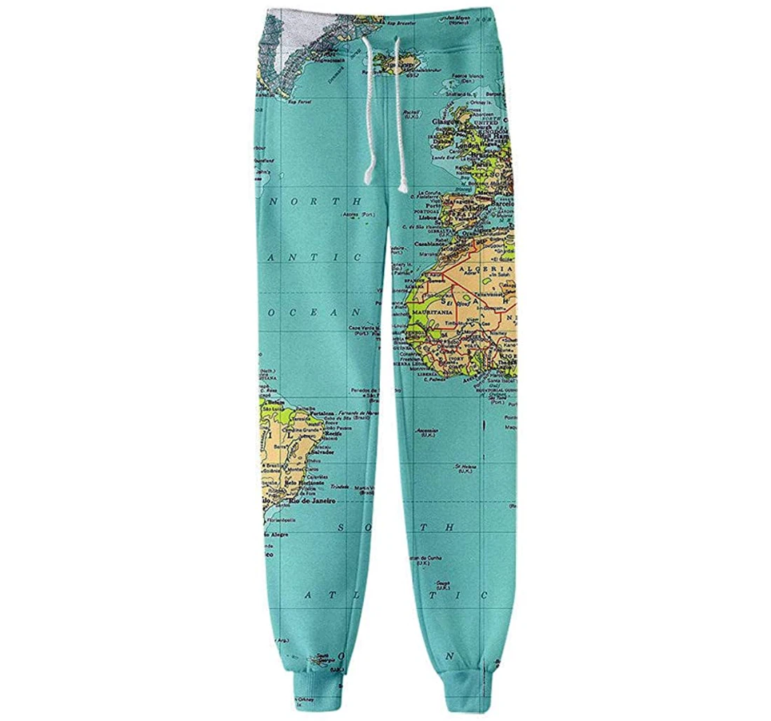 Personalized Fashion Map Sweat Casual Streetwear Sweatpants, Joggers Pants With Drawstring For Men, Women