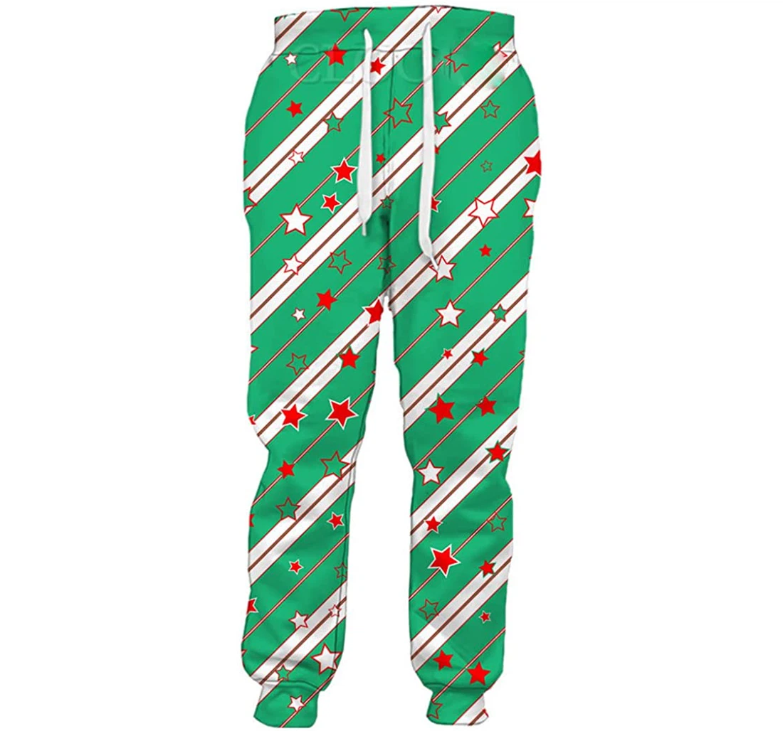 Personalized Christmas Graphics Striped Plaid Casual Sweatpants, Joggers Pants With Drawstring For Men, Women