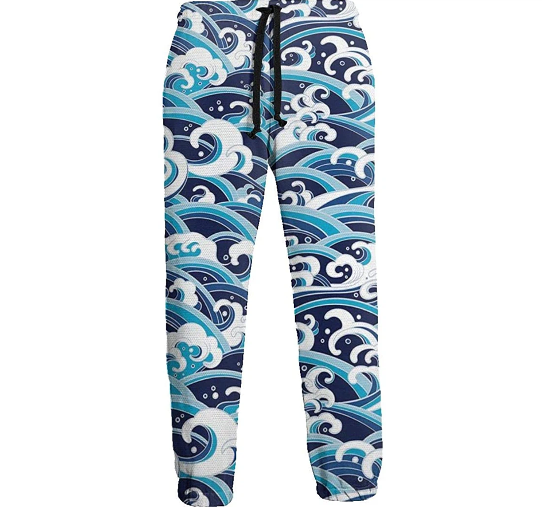 Personalized Japanese Wave Blue Asian Water Waves Sweatpants, Joggers Pants With Drawstring For Men, Women