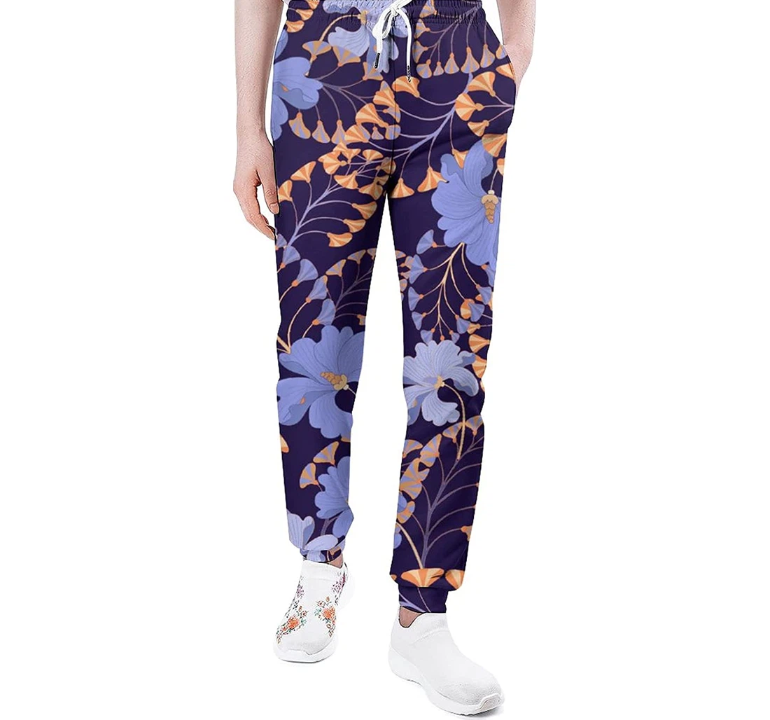 Personalized Pants,blue Flower Sweatpants, Joggers Pants With Drawstring For Men, Women